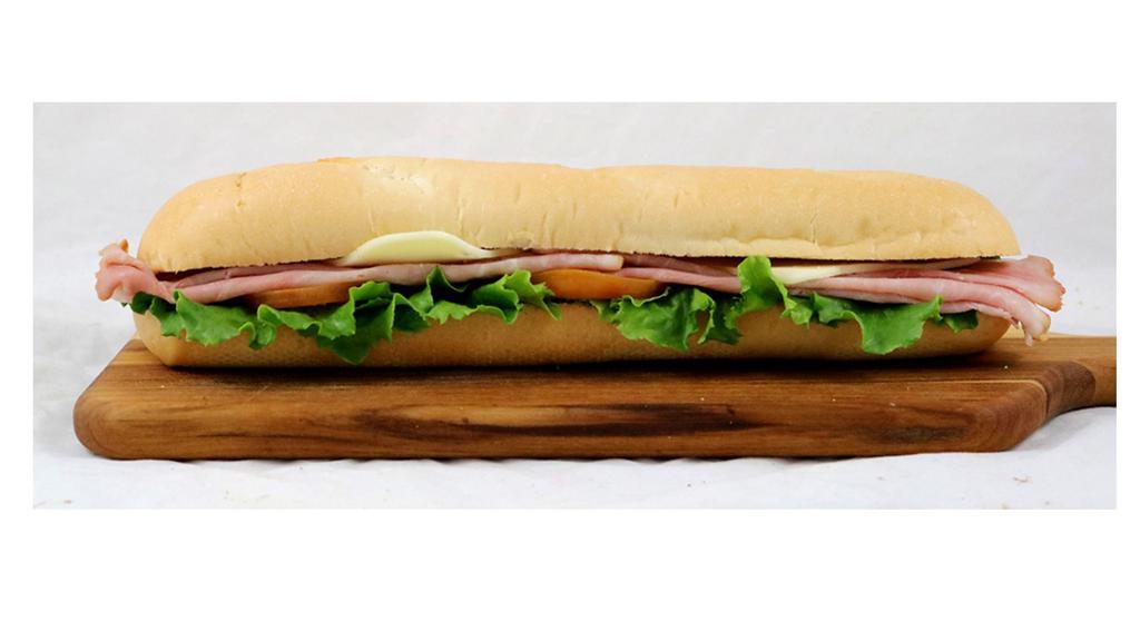 Ham & Cheese Sub · Ham off the bone with swiss cheese on Turano Sub Bread. Comes with Lettuce, Tomato, and mayo/mustard packets on the side.