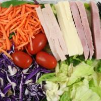 Chef Salad (12 Oz.) · Mixed Greens, Hard boiled egg, Ham, Turkey breast, Grape Tomatoes, Cheddar and Monterey Jack...