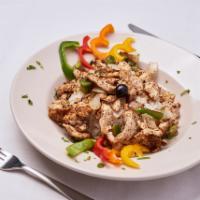 Chicken Shawarma · Marinated and grilled diced chicken with peppers and onions.