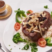 Mediterranean Ribeye Steak · Exclusive item. Marinated 12-13 oz. of ribeye steak, Mediterranean seasoning, and glazed oni...