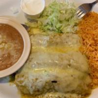 Enchiladas A La Plancha (3 Pieces) · Rolled up tortillas grilled in our mild red sauce and filled with cheese or available meat o...