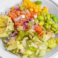 Pacific Ponzu Salmon Bowl · Rice, salmon, avocado, edamame, red onion, lettuce, sesame seeds, sweet corn, scallions, and...