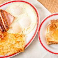 Big Unique Breakfast · Three XL Eggs (any style), two strips of bacon, two sausage links, one ham ,hash browns, toa...