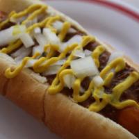 Coney Dog · chili, mustard and freshly diced onions, all packed in a steamed hot dog bun