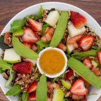 King Kale Salad · Organic mixed greens, apple, cucumber, pecan, avocado, strawberries, balsamic vinaigrette.