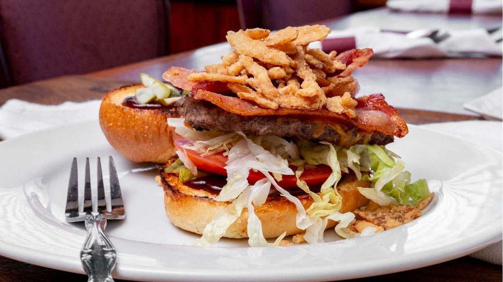 Heart Attack Burger · Beef Patty, Breaded Chicken Patty, Bacon, American Cheese, Lettuce, Tomato, Onion & Mayo.