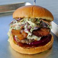 Bbq Baby · 8 ounce char grilled patty with apple smoked bacon, cole slaw, red onion, melted white chees...