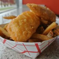 Fish And Chips · 3 pieces of  fresh Icelandic Cod Filets,  served with our hand-cut fries & Spag Slaw no drin...