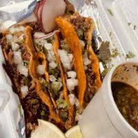 Birria Wet Tacos (3) · shredded barbacoa beef wet tacos with consomme