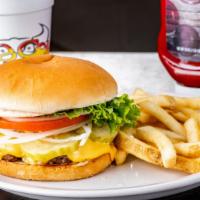 Classic Cow Cheeseburger · Premium black Angus beef covered in melted American cheese, crisp lettuce, fresh tomatoes, o...