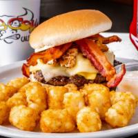 Mad Cow Burger · Premium black Angus beef topped with tender diced grilled chicken, American cheese, Pepper J...