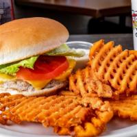 Turkey Burger · All white meat turkey patty, covered in melted American cheese, crisp lettuce, fresh tomatoe...
