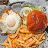 The Hangover · Cheddar cheese, bacon, topped with a fried egg.