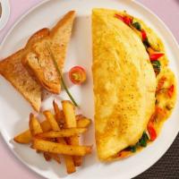 Oh My Omelette · Eggs cooked with mixed veggies and melted cheddar cheese. Served with two hashbrowns and toa...