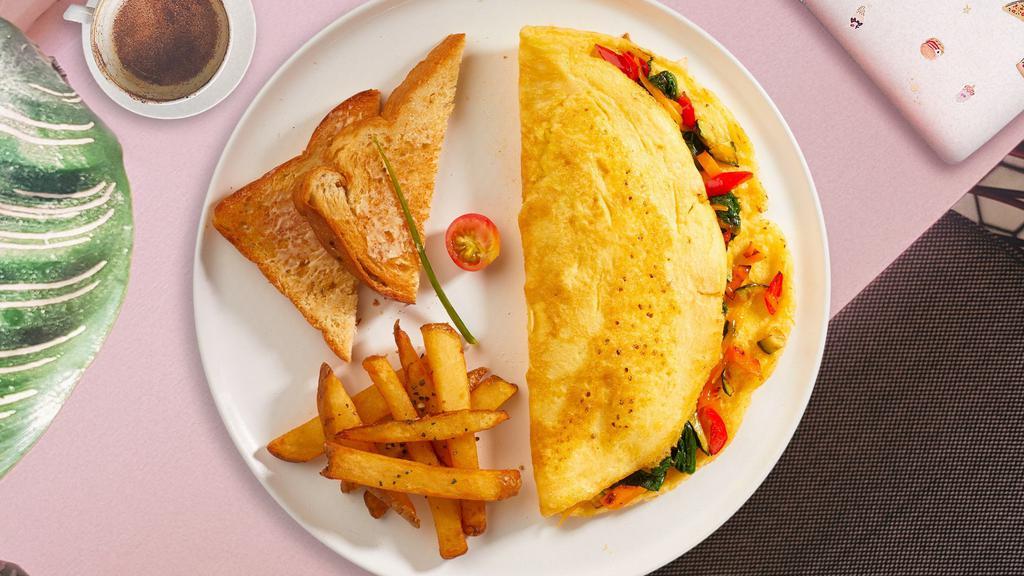 Oh My Omelette · Eggs cooked with mixed veggies and melted cheddar cheese. Served with two hashbrowns and toast.