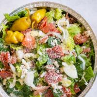 Italian Chopped Salad (Large) · Serves two to three. Romaine, sliced tomatoes, cucumbers, onions, pepperoni, bacon, pepperon...