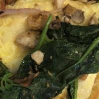 Chicken Florentine Omelet · Grilled chicken breast, fresh spinach, tomato, mushrooms, onions & melted Monterey jack chee...