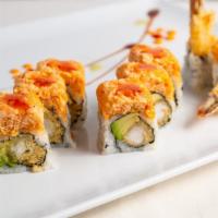 Amazing Roll · Tempura shrimp and avocado, topped with spicy lobster salad and honey kimchi sauce.