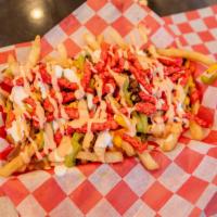 Crazy Fries · Ground beef, melted cheddar cheese, sour cream, avocado, cheetos flamin hot, casper sauce