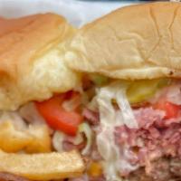 Lil Baby Cheeseburger · Corned beef, lettuce, tomato, onions, pickles, and thousand island