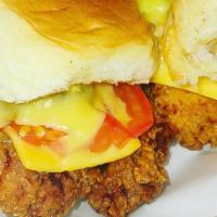 Fried Chicken · Cheese, lettuce, tomato, pickle, and honey mustard
