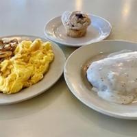 Chicken Fried Steak & Eggs (Dd) · Our homemade chicken fried steak, two *eggs any style, garden potatoes and your choice of to...