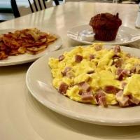 Ham Scramble (Dd) · A great choice! Diced ham blended with scrambled eggs, served with garden potatoes and choic...