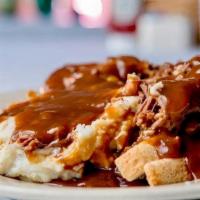 Hot Beef · pot roast, real mashed potatoes and beef gravy, served on white bread