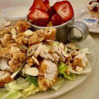 Crispy Chicken Salad · Lettuce, crispy chicken tenders, almonds, and honey mustard dressing, served with fresh seas...