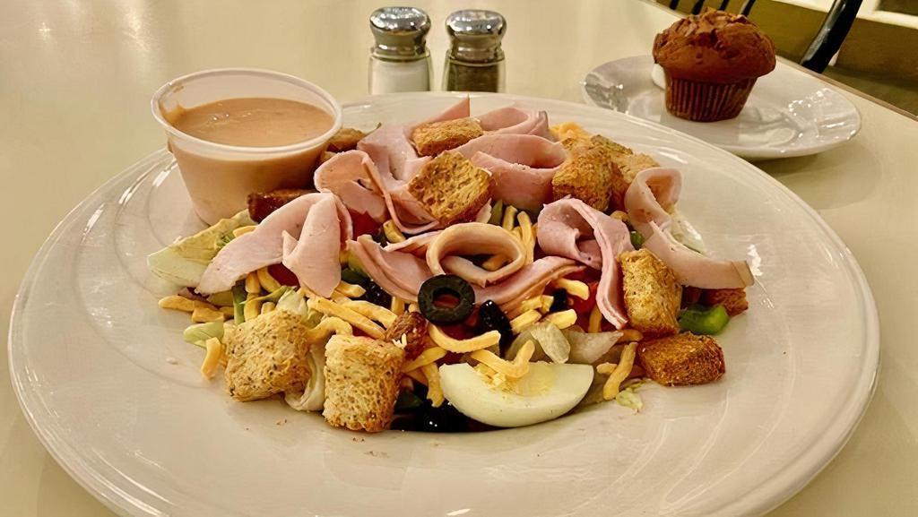 Chef Salad · atkin’s friendly... ham, turkey, american cheese, hard boiled egg, green peppers, tomatoes, black olives and croutons on lettuce, with your choice of dressing