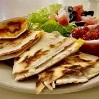Quesadilla · monterey jack, cheddar and american cheese sandwiched between two grilled flour tortillas, s...
