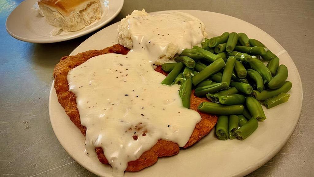 Chicken Fried Steak Dinner · tenderized and breaded beef steak deep-fried and served with mashed potatoes, sausage gravy, today’s vegetable and a dinner roll