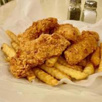 Chicken Tender Basket · four large “freshly breaded” chicken tenders with french fries, a homemade dinner roll and y...