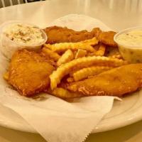 Fish & Chips · 3 large flaky Cod fillets beer batter dipped then deep-fried, served with french fries and t...