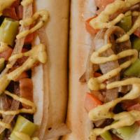 Chicago Dog · Dill pickle, sport pepper, relish, tomato, grilled onions, seikle’s mustard.