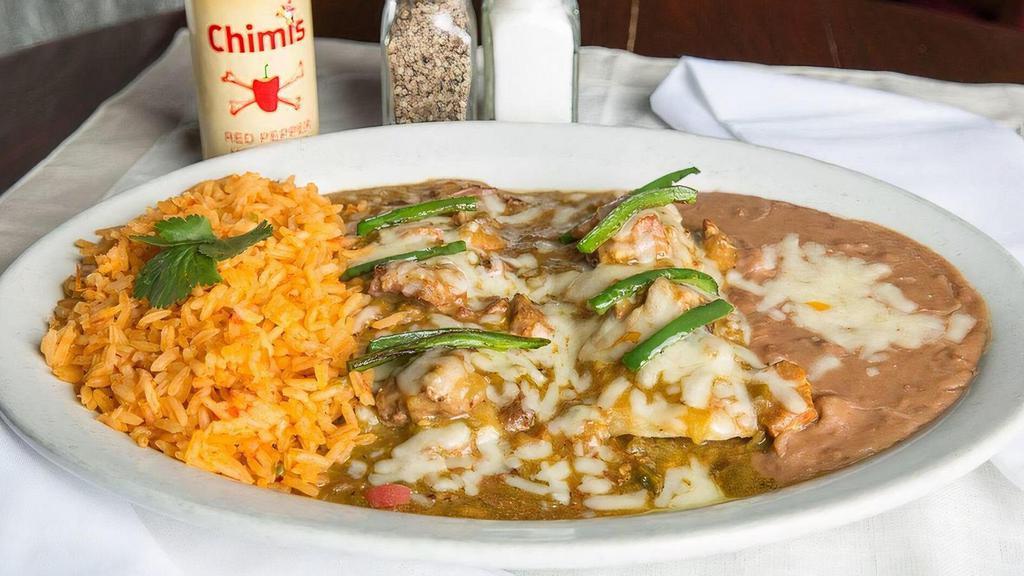 3 Enchiladas · All enchilada platters are served with rice (Mexican and Original) and your choice of beans (refried, black, borrachos), papitas or fresh fruit.