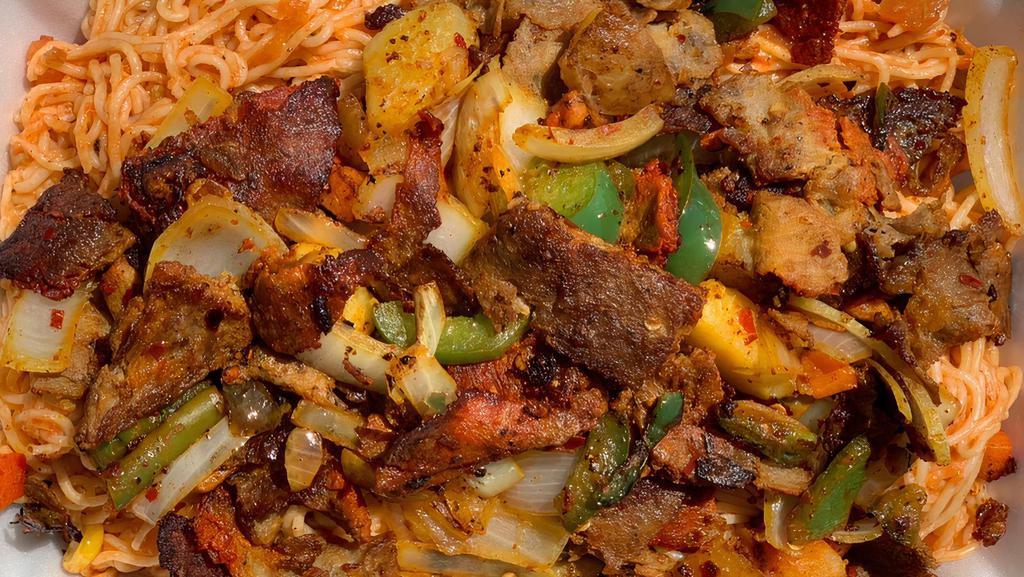 Pasta & Beef · Philly Stake Beef Grilled with onions, green peppers, mix veggi and potatoes over Pasta.