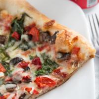 3 Veggie Pizza · Spinach, portobello mushrooms and sweet red peppers.