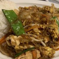 Pad Woon Sew · Served with steamed white rice. Sautéed clear noodle with choice of meat, egg, Napa, peapod,...