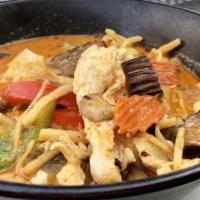 Gang Ped · Hot. Red curry. Choose meat stir-fried in Thai red curry with coconut milk, eggplant, fresh ...