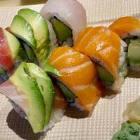 K2 Rainbow Roll · Crabmeat,cucumber & avocado inside, and top with assorted fresh raw fish.
