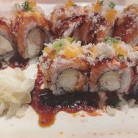 K17 Fire Dragon Roll · Shrimp tempura and cream cheese with on top of salmon ,crabmeat, spicy mayonnaise eel sauce ...