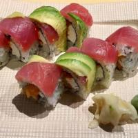 K20 Tuna Loves Salmon Roll · Salmon, cream cheese, masago pineapple inside with tuna , avocado on top.