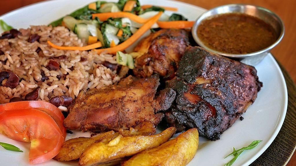 Boston Style Jamaican Jerk Chicken · Jamaican Style Jerk Chicken Seved with Red Bean and Rice,Cabbage and Plantains