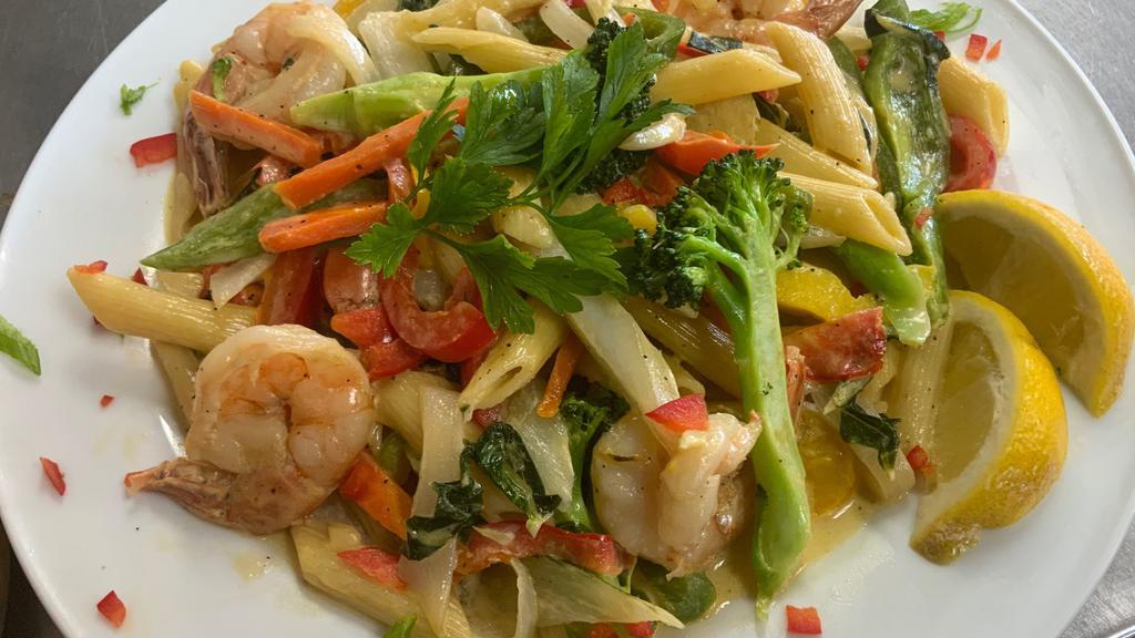 Rasta Pasta With Shrimp · Penne noodles light cream sauce with a medley of fresh vegetables.