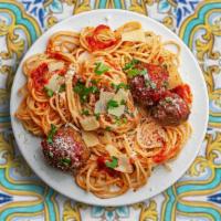 Spaghetti & Meatballs · Fresh-made ground mince Italian meatballs with spaghetti in marinara sauce. Served with sala...