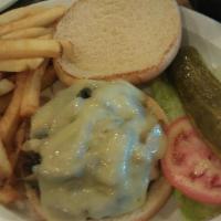 Mushroom & Swiss Burger · A black Angus half-pound burger with swiss cheese and fresh mushrooms with french fries and ...