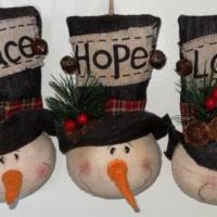 Large Snowman Ornaments (Set Of 3) - Rustic Fabric With Hope, Love, Peace · These traditional rustic-look snowman ornaments will bring a positive touch to your Christma...