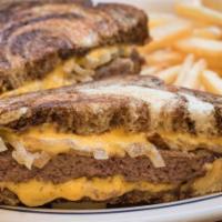 Patty Melt · Burger patty with American cheese and grilled onions on marble rye.