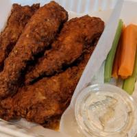 Nashville Hot Chicken Fingers · Served with carrot and celery stix, green chili ranch sauce available on the side! Not retur...
